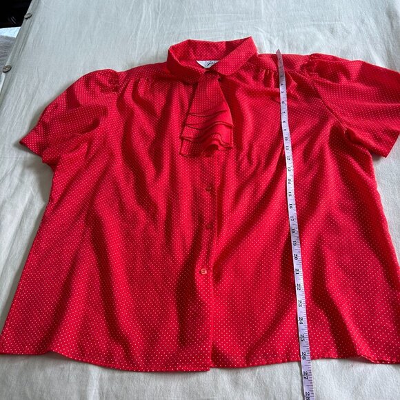 Vintage Red Polka Dot Button-Up Blouse With Ruffle Tie Neck & Puff Sleeves - Picture 9 of 10